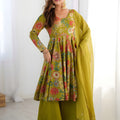 Elegant Olive Green Roman Silk Floral Printed Designer Palazzo Suit with Dupatta for Women