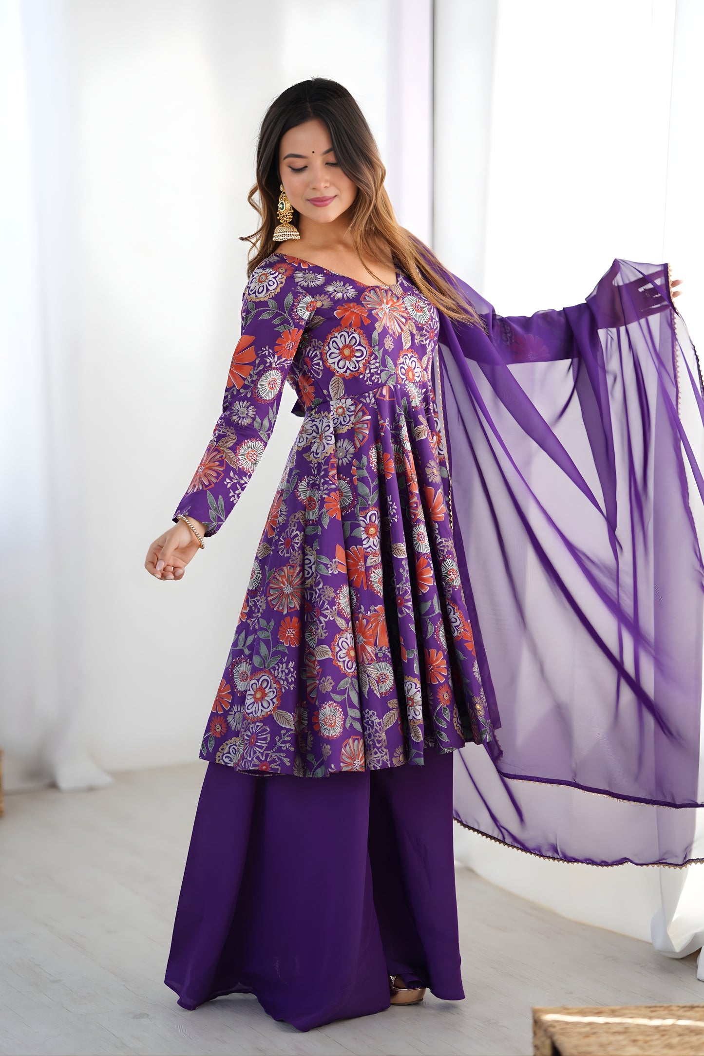 Grateful Purple Roman Silk Floral Printed Designer Palazzo Suit with Dupatta for Women