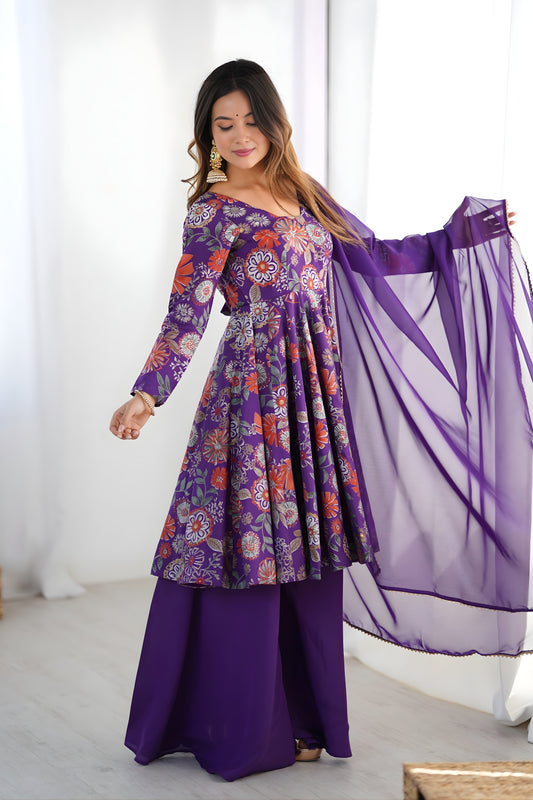 Grateful Purple Roman Silk Floral Printed Designer Palazzo Suit with Dupatta for Women