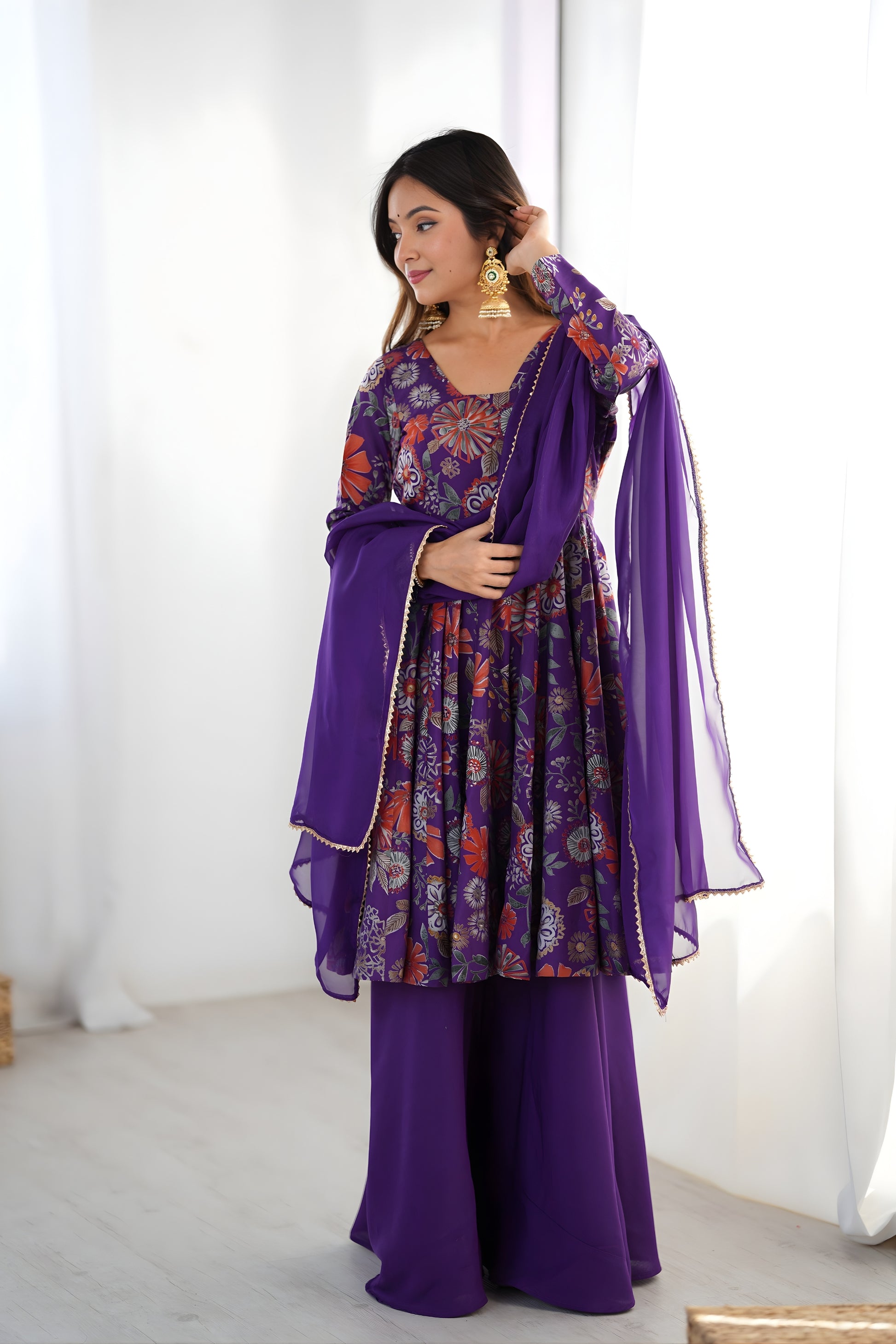 Grateful Purple Roman Silk Floral Printed Designer Palazzo Suit with Dupatta for Women