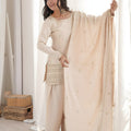 Stylish Cream Roman Glass Silk Embroidered Designer Palazzo Suit with Dupatta for Women