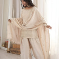 Stylish Cream Roman Glass Silk Embroidered Designer Palazzo Suit with Dupatta for Women