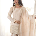Stylish Cream Roman Glass Silk Embroidered Designer Palazzo Suit with Dupatta for Women