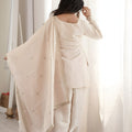 Stylish Cream Roman Glass Silk Embroidered Designer Palazzo Suit with Dupatta for Women