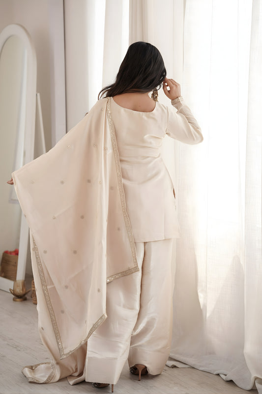 Stylish Cream Roman Glass Silk Embroidered Designer Palazzo Suit with Dupatta for Women