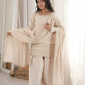 Stylish Cream Roman Glass Silk Embroidered Designer Palazzo Suit with Dupatta for Women