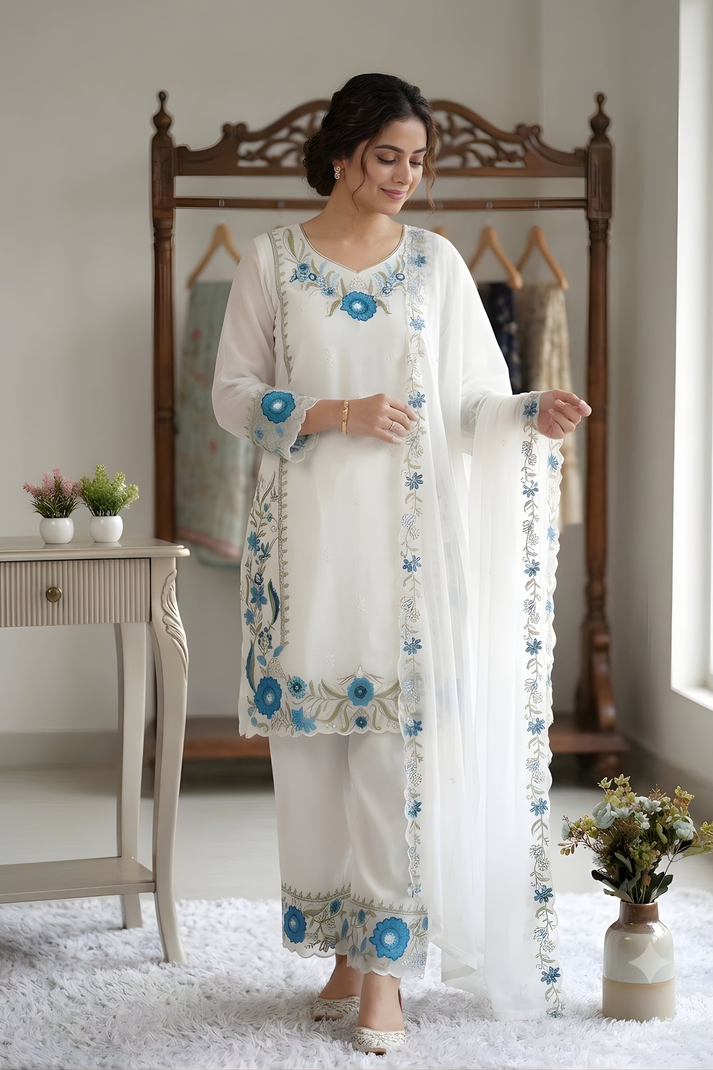 Elegant White Floral Embroidered Designer Sharara Suit with Dupatta for Wedding