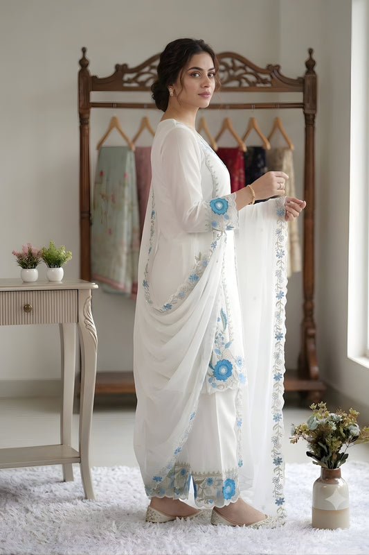 Elegant White Floral Embroidered Designer Sharara Suit with Dupatta for Wedding