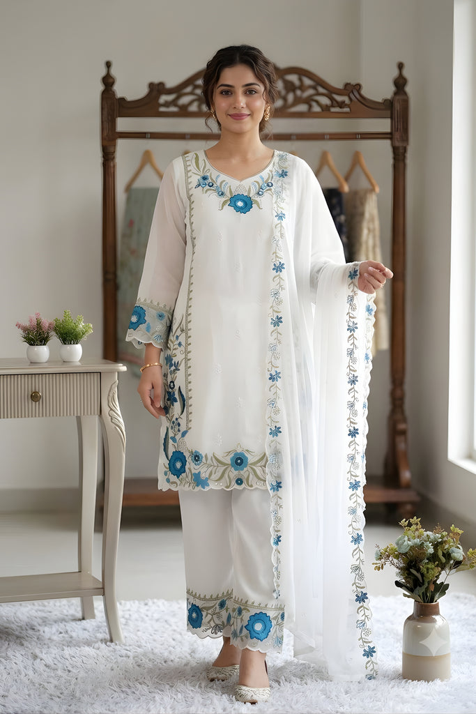 Elegant White Floral Embroidered Designer Sharara Suit with Dupatta for Wedding