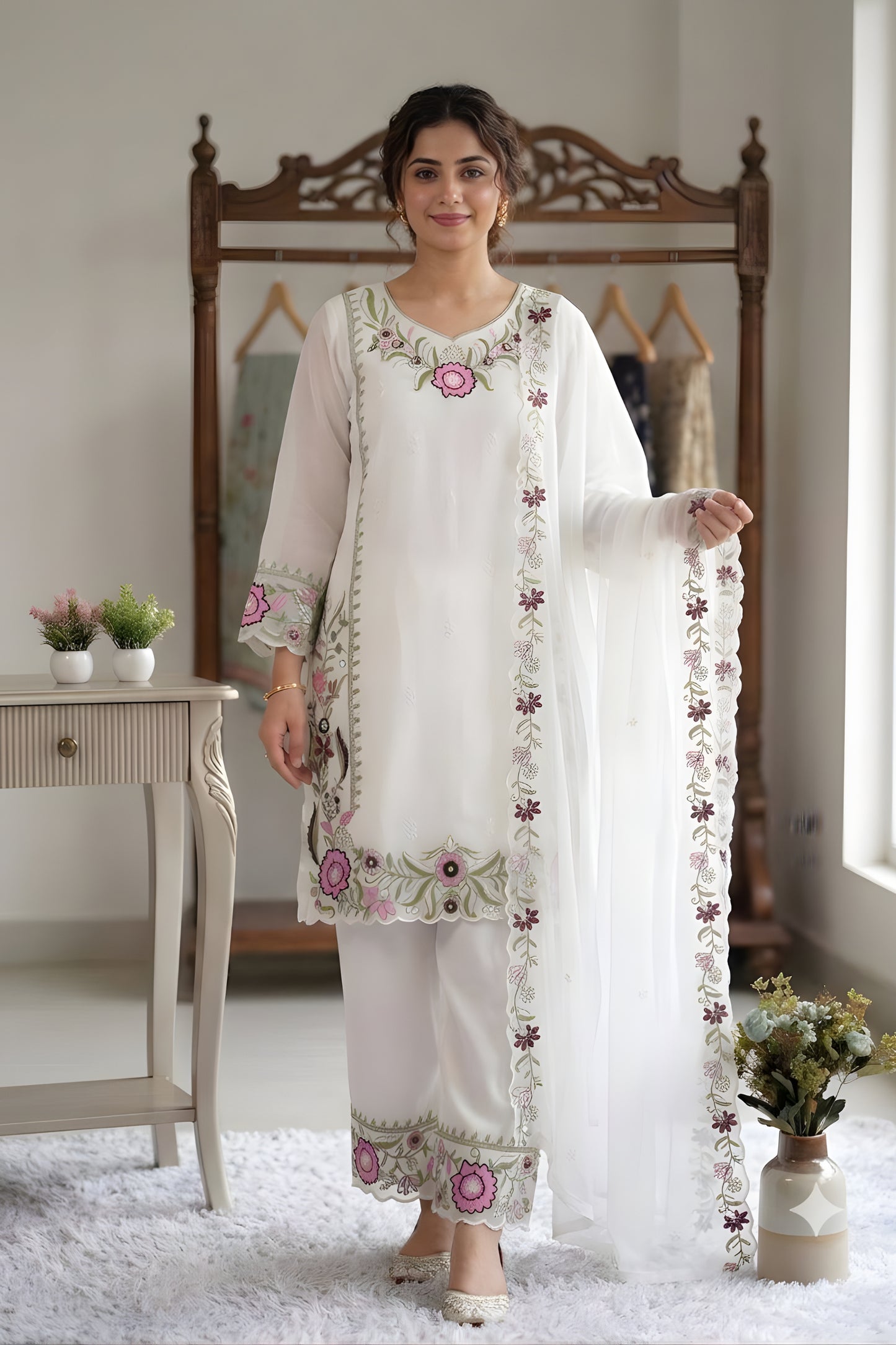 Graceful White Floral Embroidered Designer Sharara Suit with Dupatta for Wedding