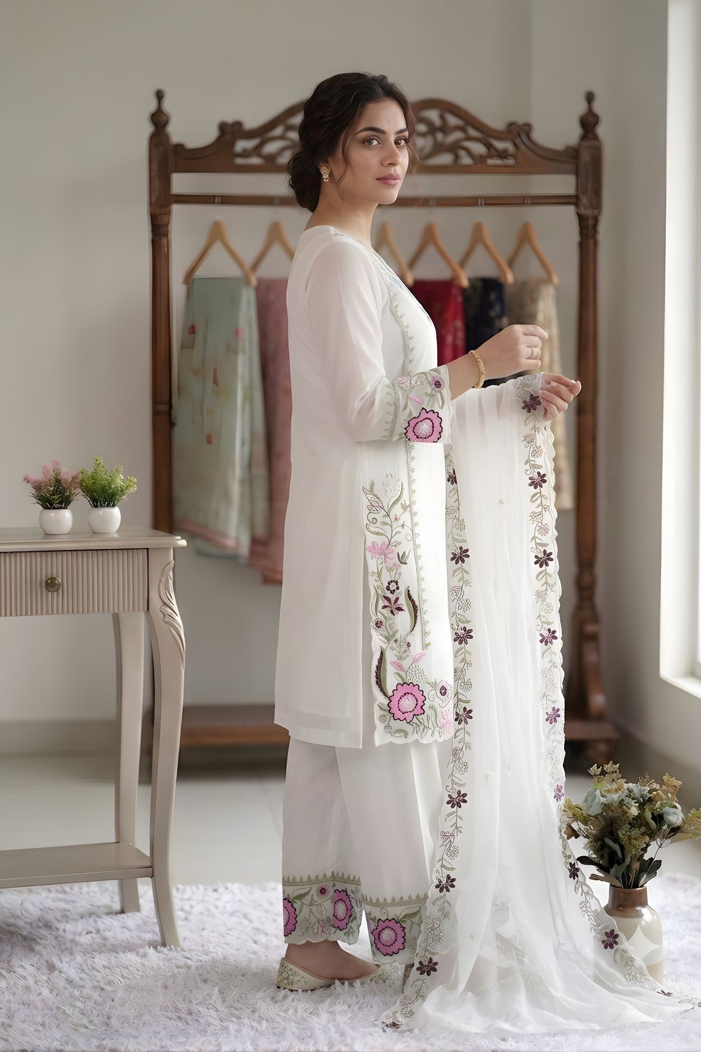 Graceful White Floral Embroidered Designer Sharara Suit with Dupatta for Wedding