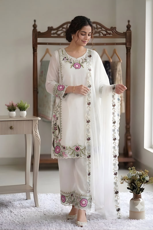 Graceful White Floral Embroidered Designer Sharara Suit with Dupatta for Wedding
