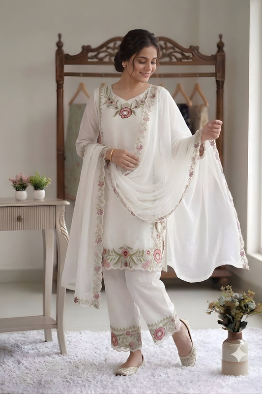 Beautiful White Floral Embroidered Designer Sharara Suit with Dupatta for Wedding