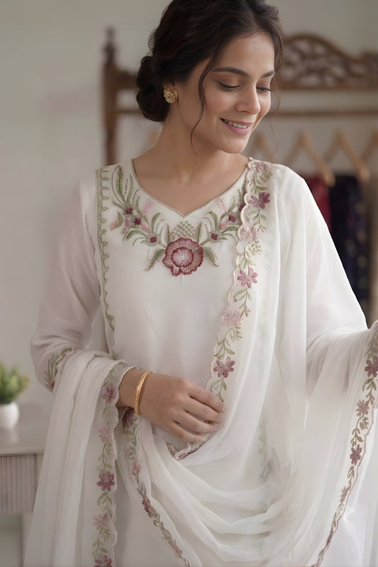 Beautiful White Floral Embroidered Designer Sharara Suit with Dupatta for Wedding