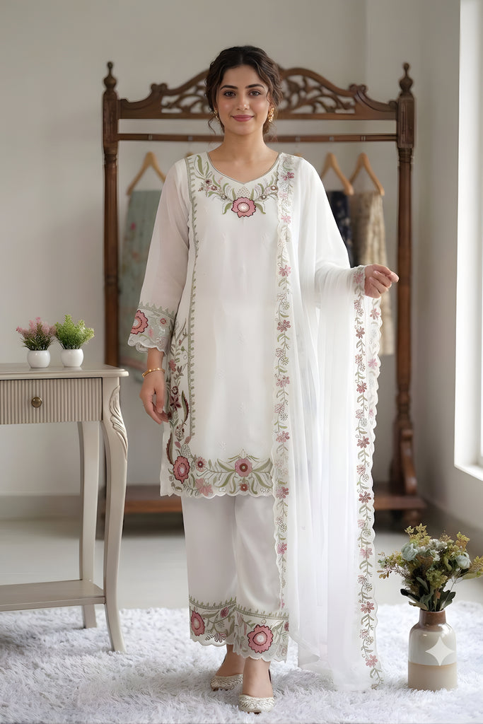 Beautiful White Floral Embroidered Designer Sharara Suit with Dupatta for Wedding