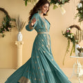 Graceful Teal Blue Chinon Silk Embroidered Designer Gown with Jacket for Wedding