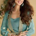 Graceful Teal Blue Chinon Silk Embroidered Designer Gown with Jacket for Wedding