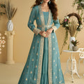 Graceful Teal Blue Chinon Silk Embroidered Designer Gown with Jacket for Wedding