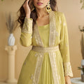 Stylish Lime Green Chinon Silk Embroidered Designer Gown with Jacket for Wedding