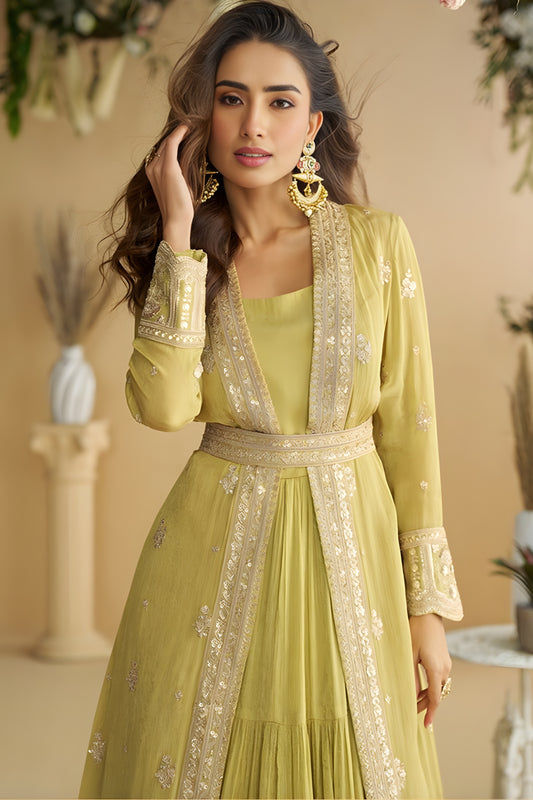 Stylish Lime Green Chinon Silk Embroidered Designer Gown with Jacket for Wedding