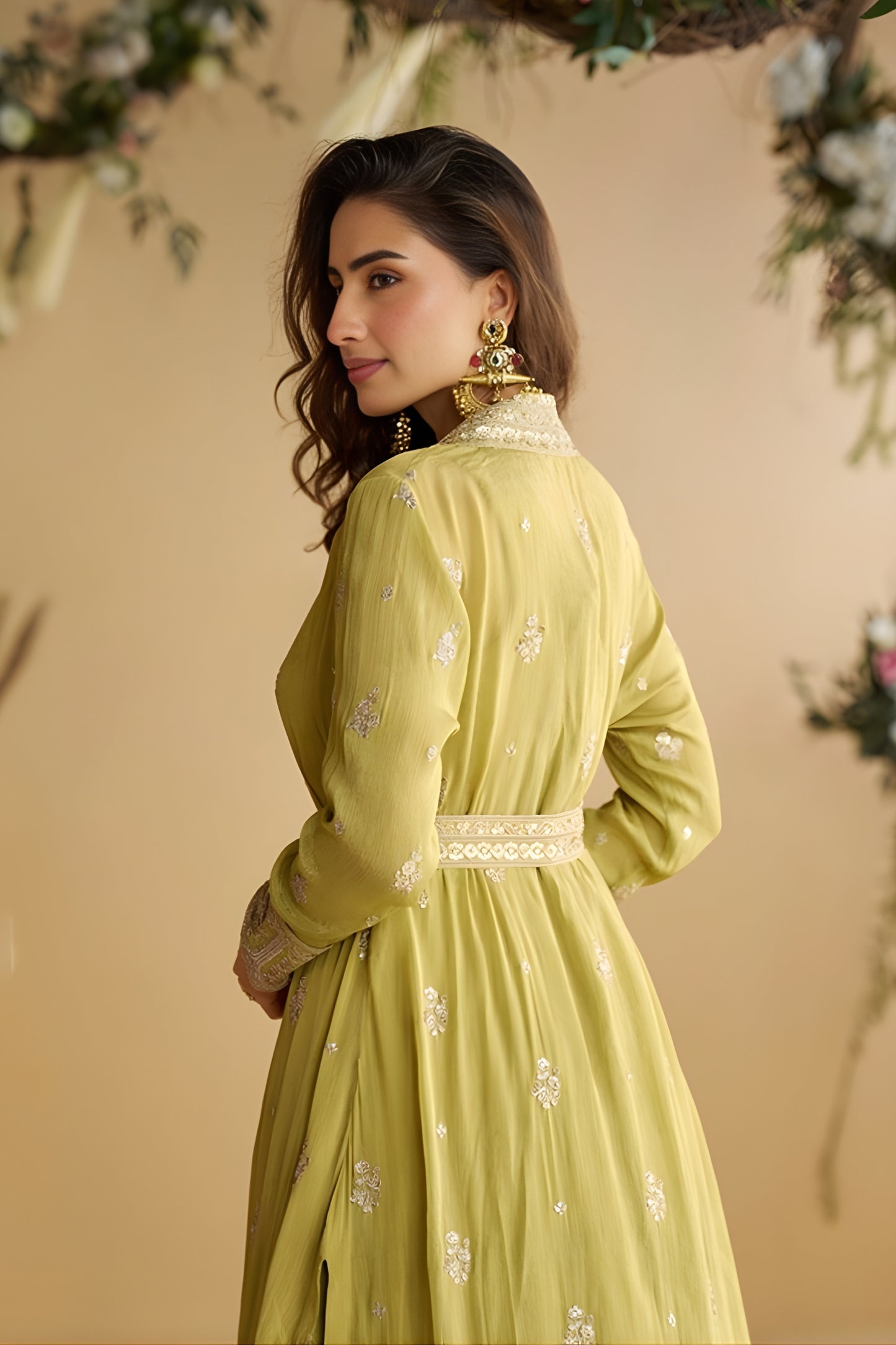 Stylish Lime Green Chinon Silk Embroidered Designer Gown with Jacket for Wedding