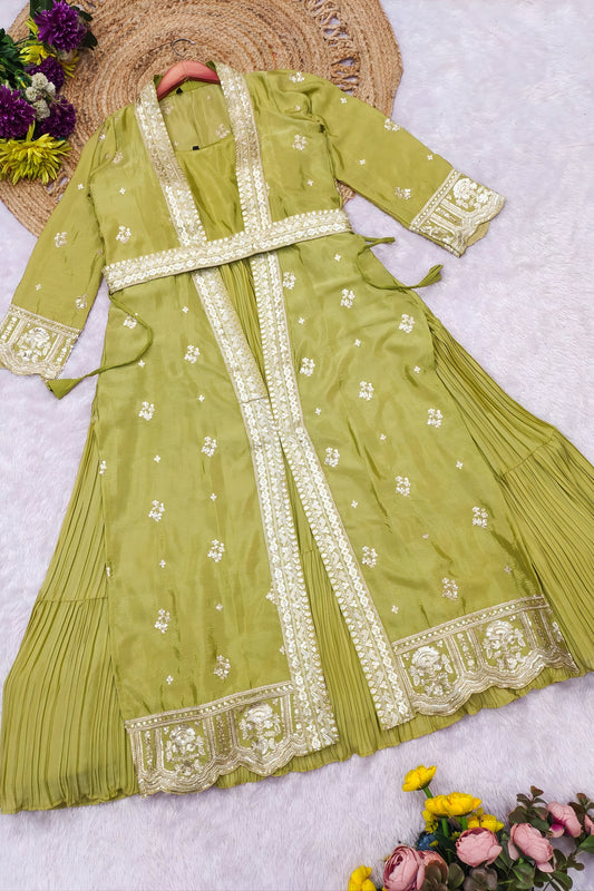 Stylish Lime Green Chinon Silk Embroidered Designer Gown with Jacket for Wedding