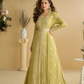 Stylish Lime Green Chinon Silk Embroidered Designer Gown with Jacket for Wedding