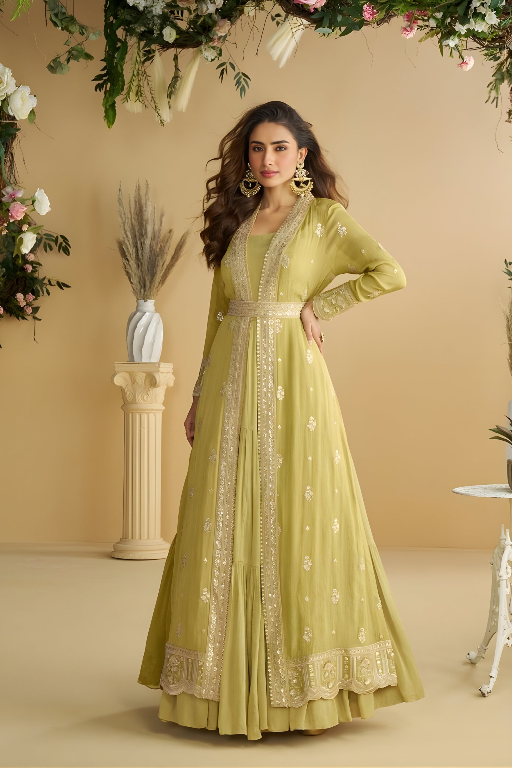 Stylish Lime Green Chinon Silk Embroidered Designer Gown with Jacket for Wedding