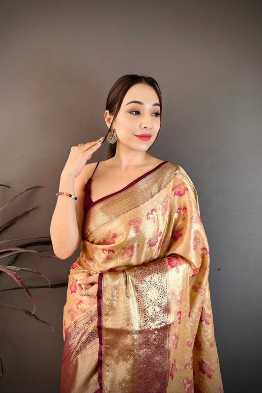 Luxury Golden Beige Kanjivaram Silk Weaving Zari Work Saree for Wedding