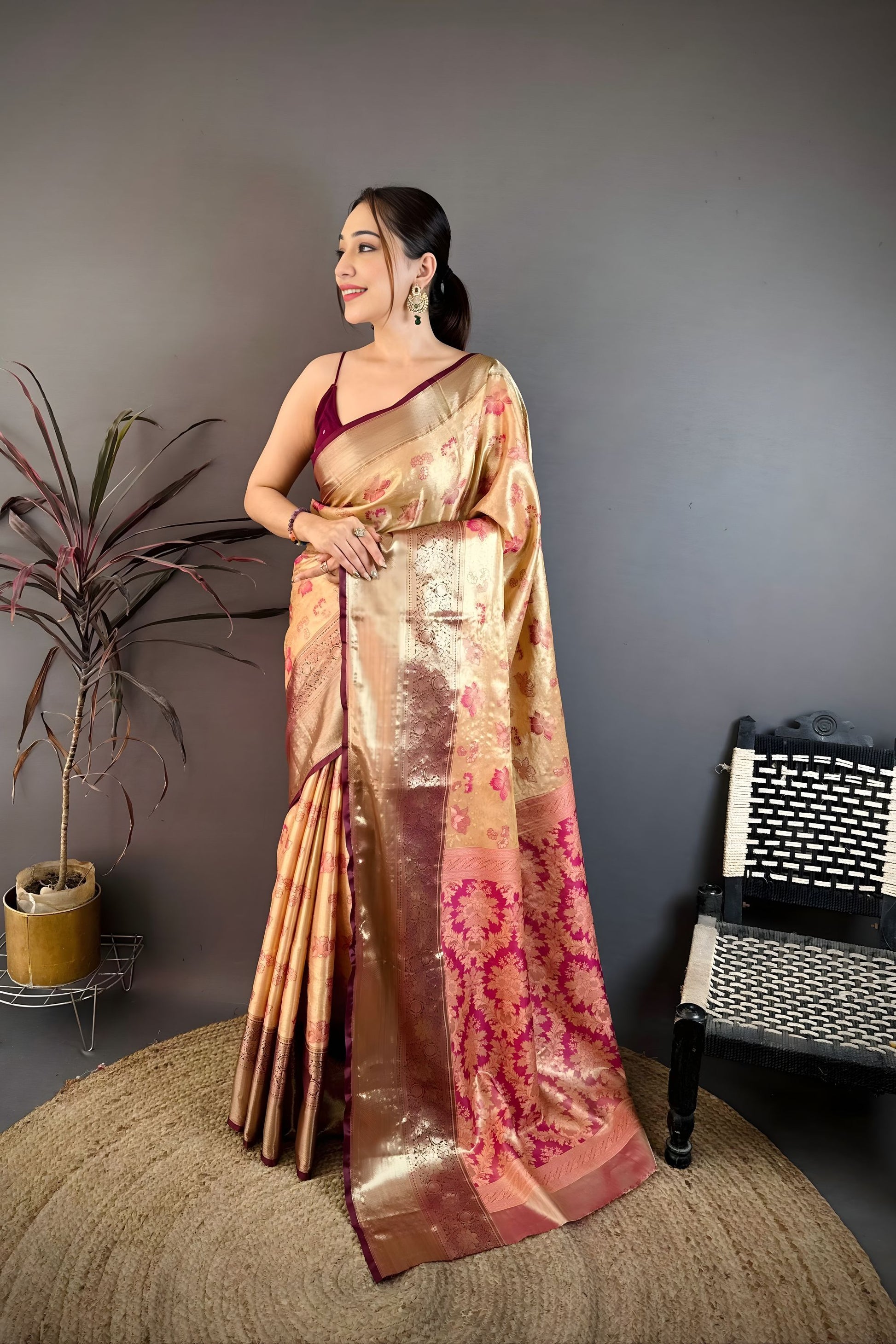 Luxury Golden Beige Kanjivaram Silk Weaving Zari Work Saree for Wedding