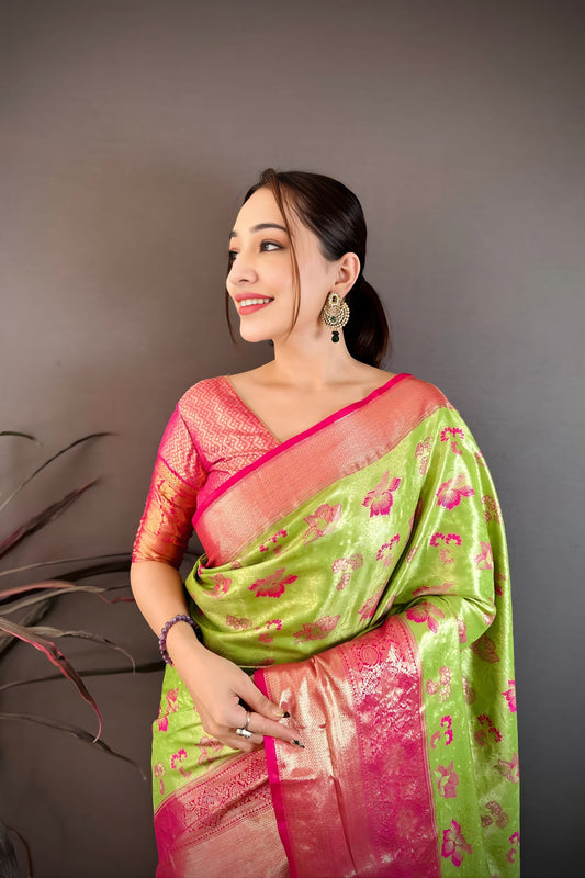 Gracfull Pista Green Kanjivaram Silk Weaving Zari Work Saree for Wedding