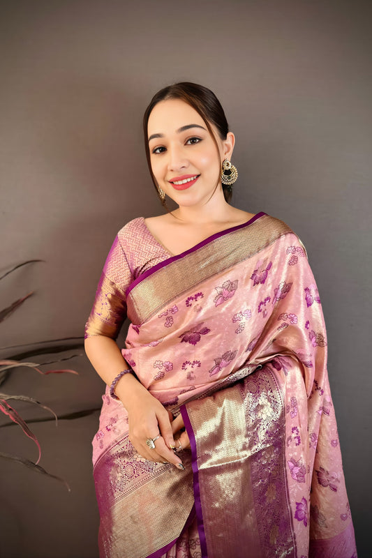 Beautiful Baby Pink Kanjivaram Silk Weaving Zari Work Saree for Wedding