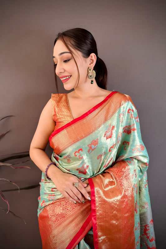 Royal Aqua Blue Kanjivaram Silk Weaving Zari Work Saree for Wedding