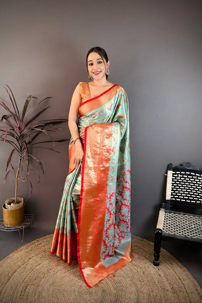 Royal Aqua Blue Kanjivaram Silk Weaving Zari Work Saree for Wedding