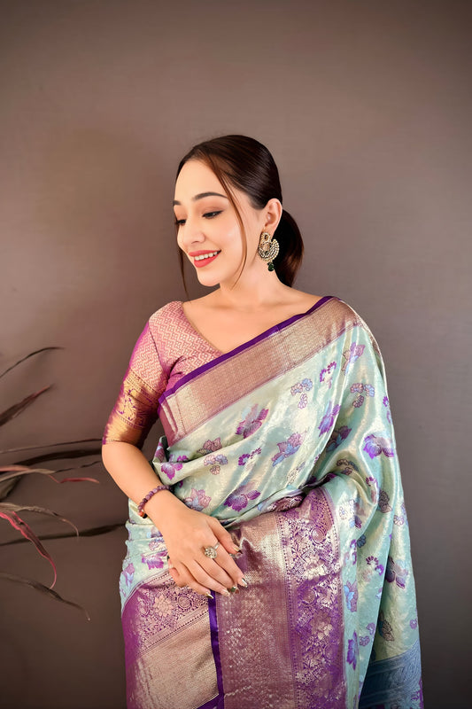 Stylish Ice Blue Kanjivaram Silk Weaving Zari Work Saree for Wedding