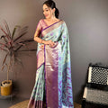 Stylish Ice Blue Kanjivaram Silk Weaving Zari Work Saree for Wedding