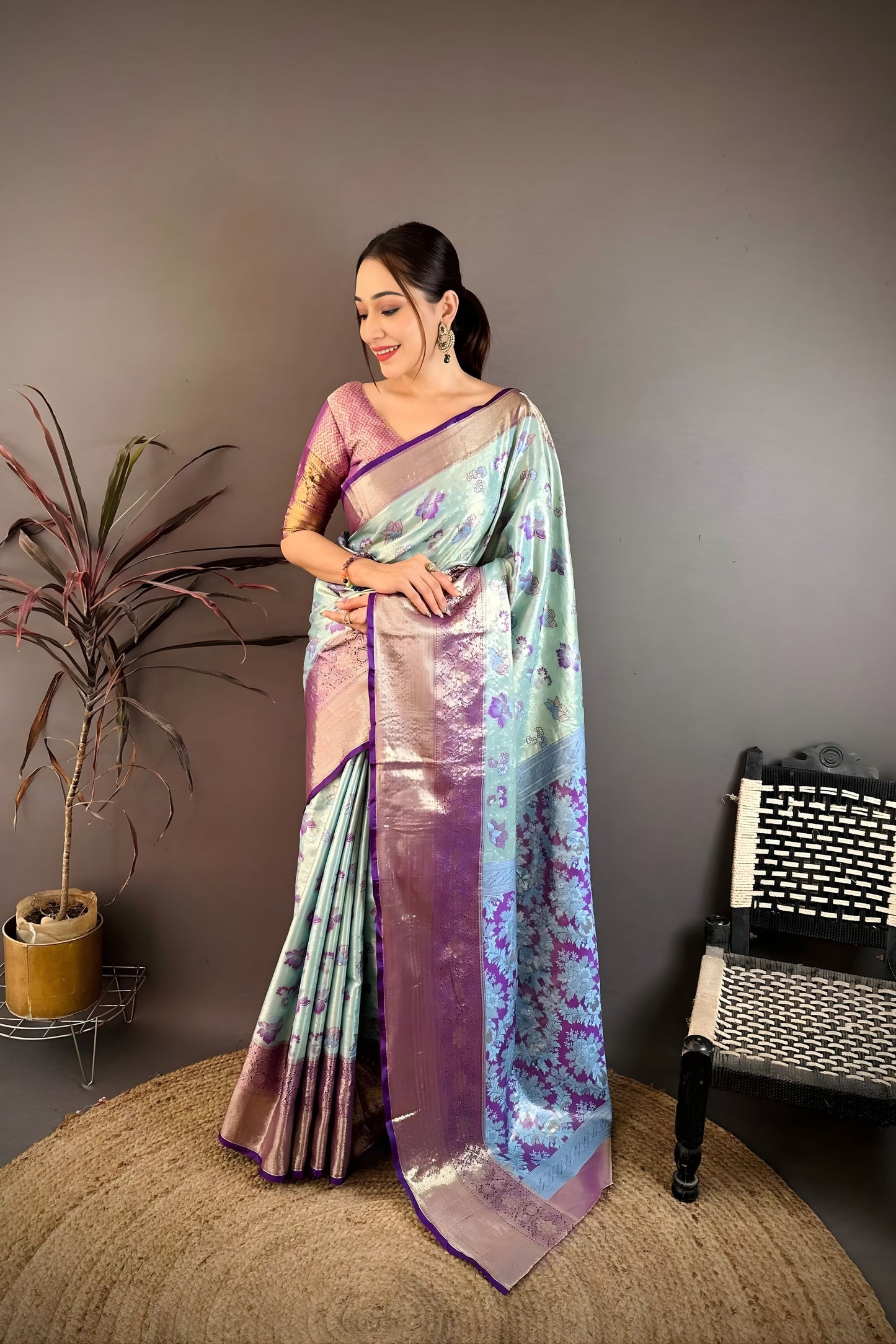 Stylish Ice Blue Kanjivaram Silk Weaving Zari Work Saree for Wedding