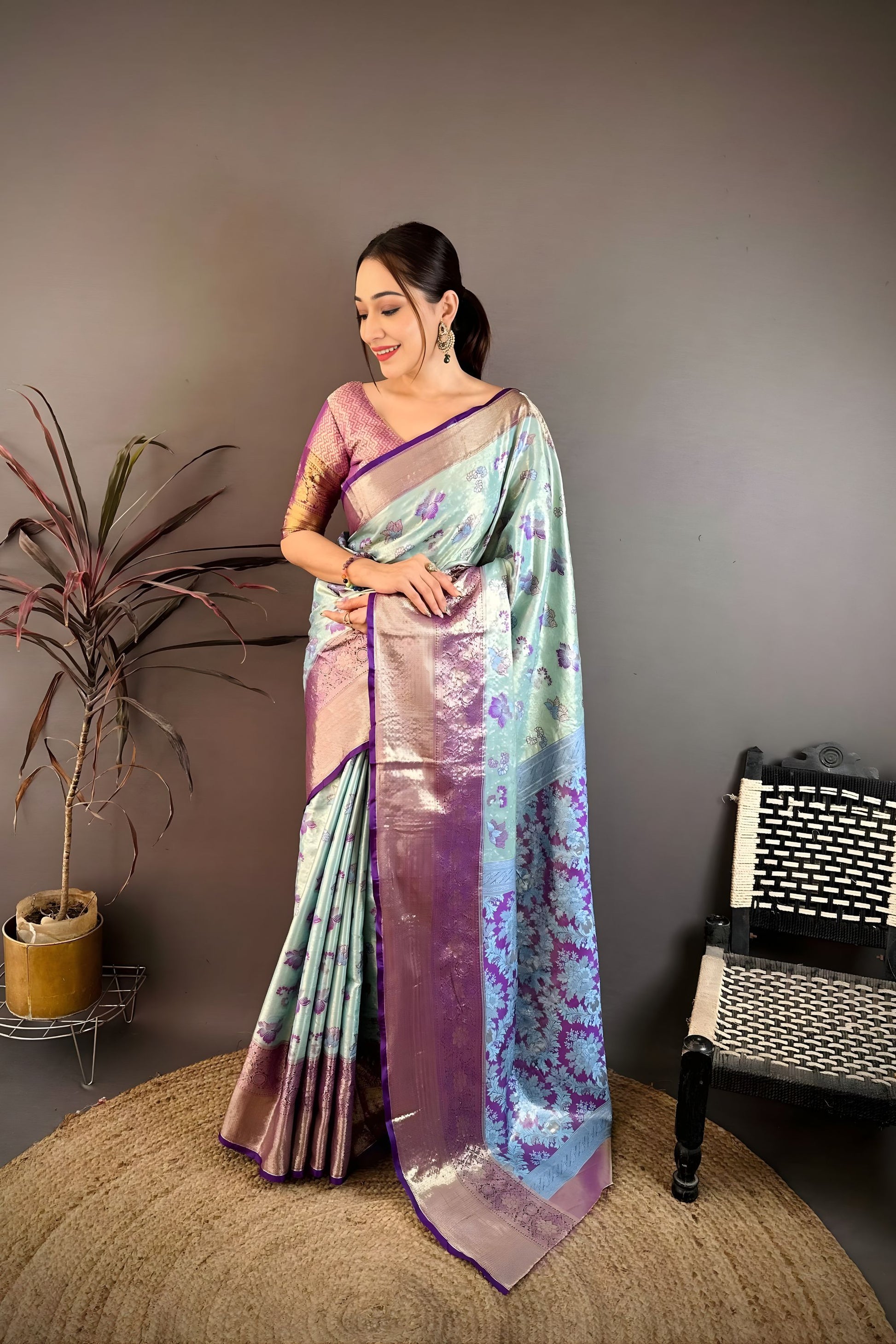 Stylish Ice Blue Kanjivaram Silk Weaving Zari Work Saree for Wedding