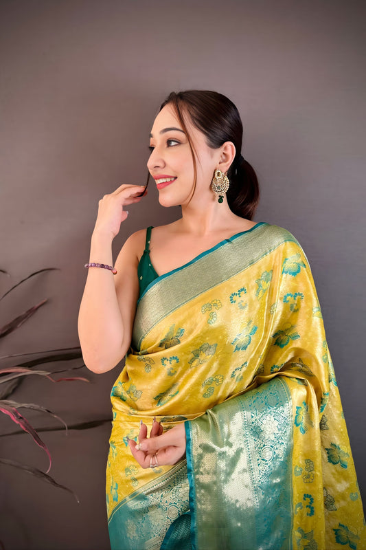 Stylish Mustard Yellow Kanjivaram Silk Weaving Zari Work Saree for Wedding