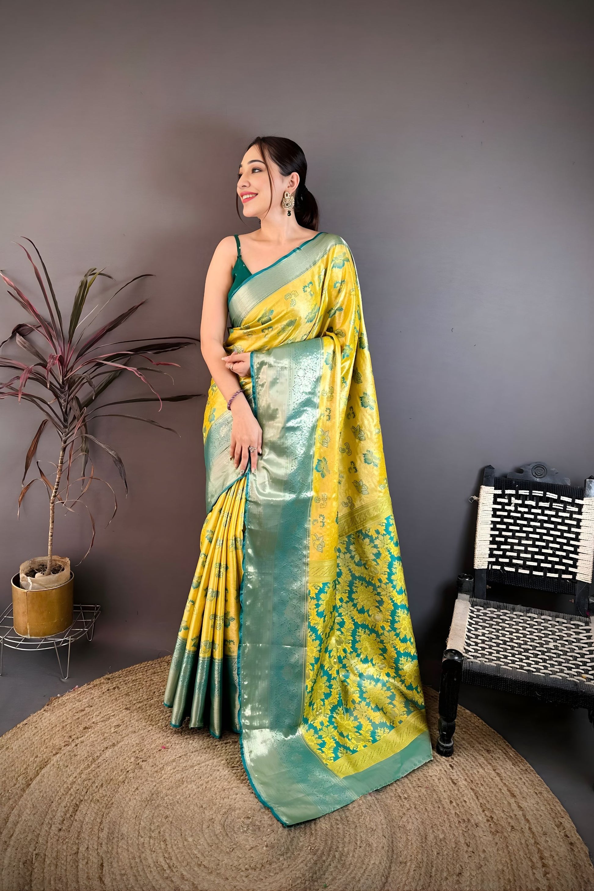 Stylish Mustard Yellow Kanjivaram Silk Weaving Zari Work Saree for Wedding