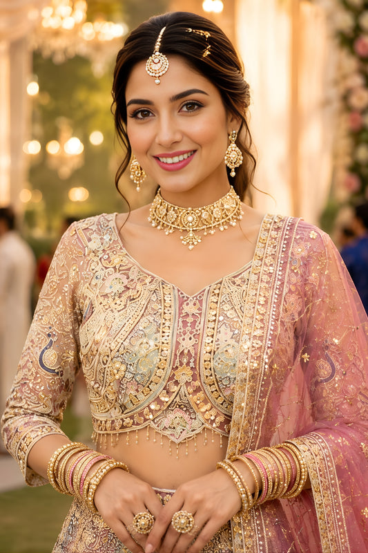 Graceful Pink Net Embroidered Designer Lehenga Choli with Dupatta for Wedding