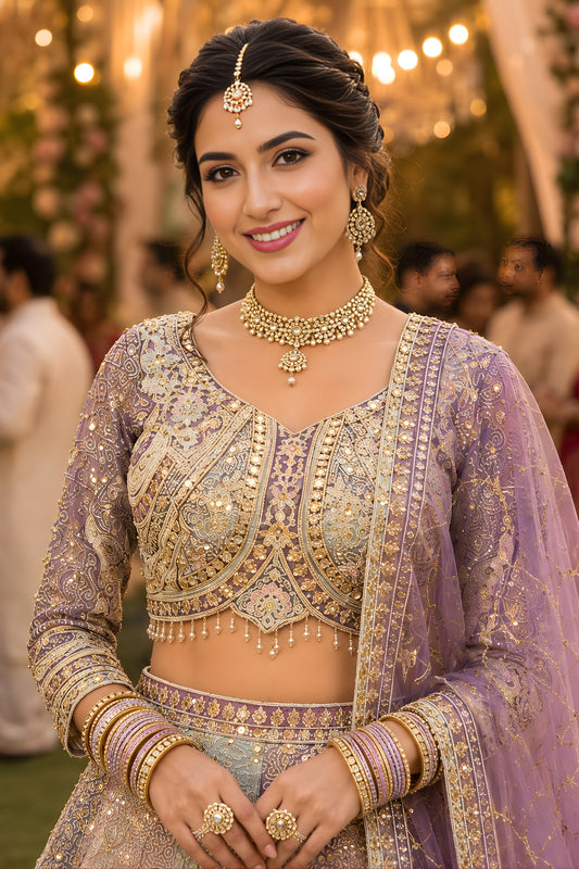 Stylish Lavender Net Embroidered Designer Lehenga Choli with Dupatta for Wedding