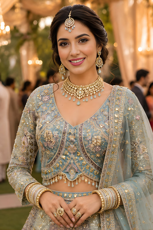 Elegant Sky Blue Net Embroidered Designer Lehenga Choli with Dupatta for Wedding