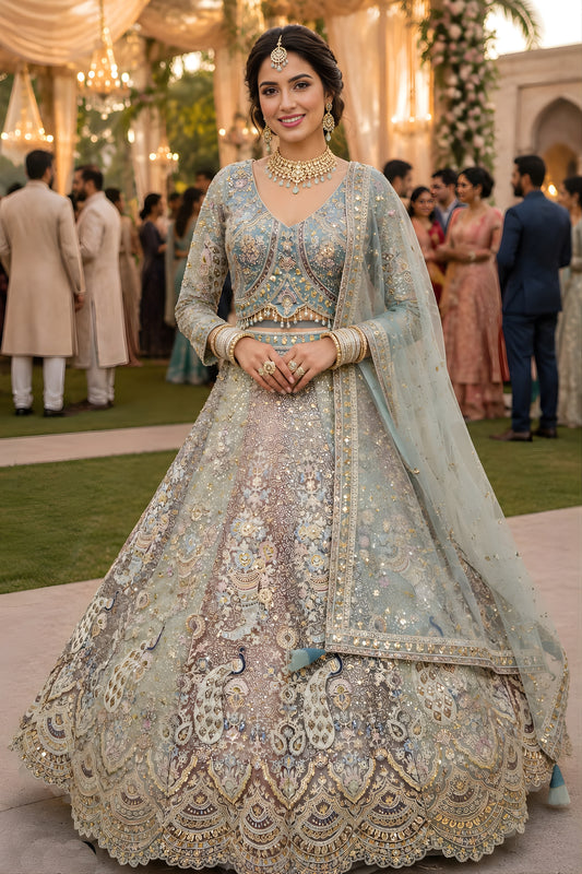 Elegant Sky Blue Net Embroidered Designer Lehenga Choli with Dupatta for Wedding