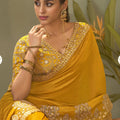 Luxury Mustard Yellow Bamber Silk Embroidered  Saree Blouse for Wedding