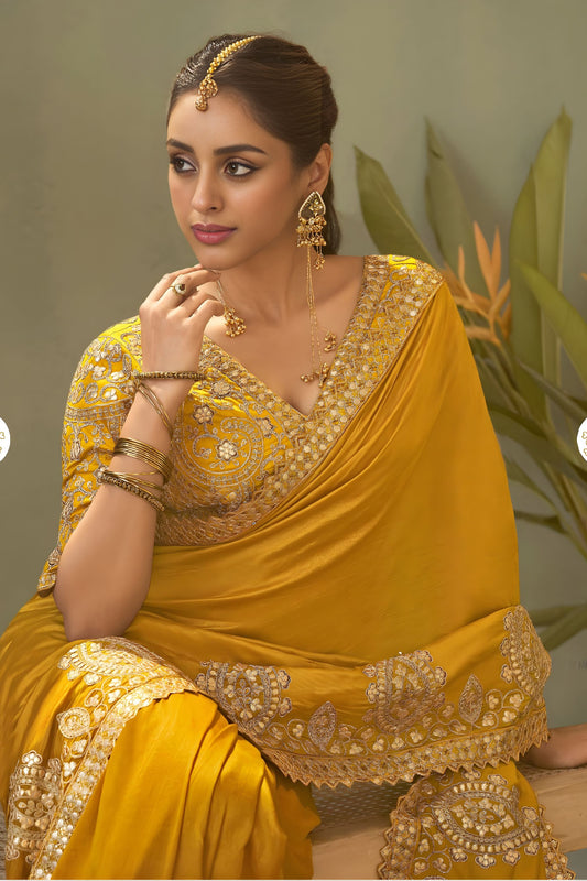 Luxury Mustard Yellow Bamber Silk Embroidered  Saree Blouse for Wedding