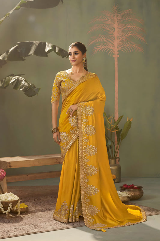 Luxury Mustard Yellow Bamber Silk Embroidered  Saree Blouse for Wedding