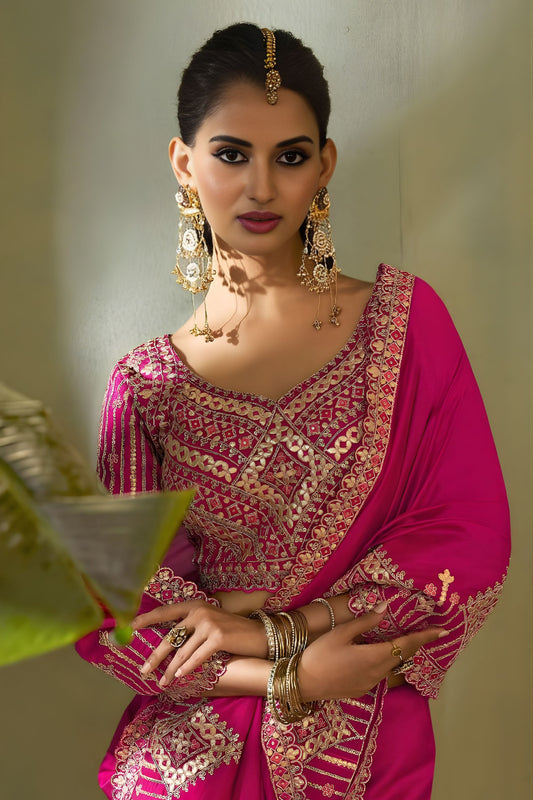 Luxury Rani Pink Bamber Silk Embroidered Saree Blouse for Wedding