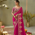 Luxury Rani Pink Bamber Silk Embroidered Saree Blouse for Wedding