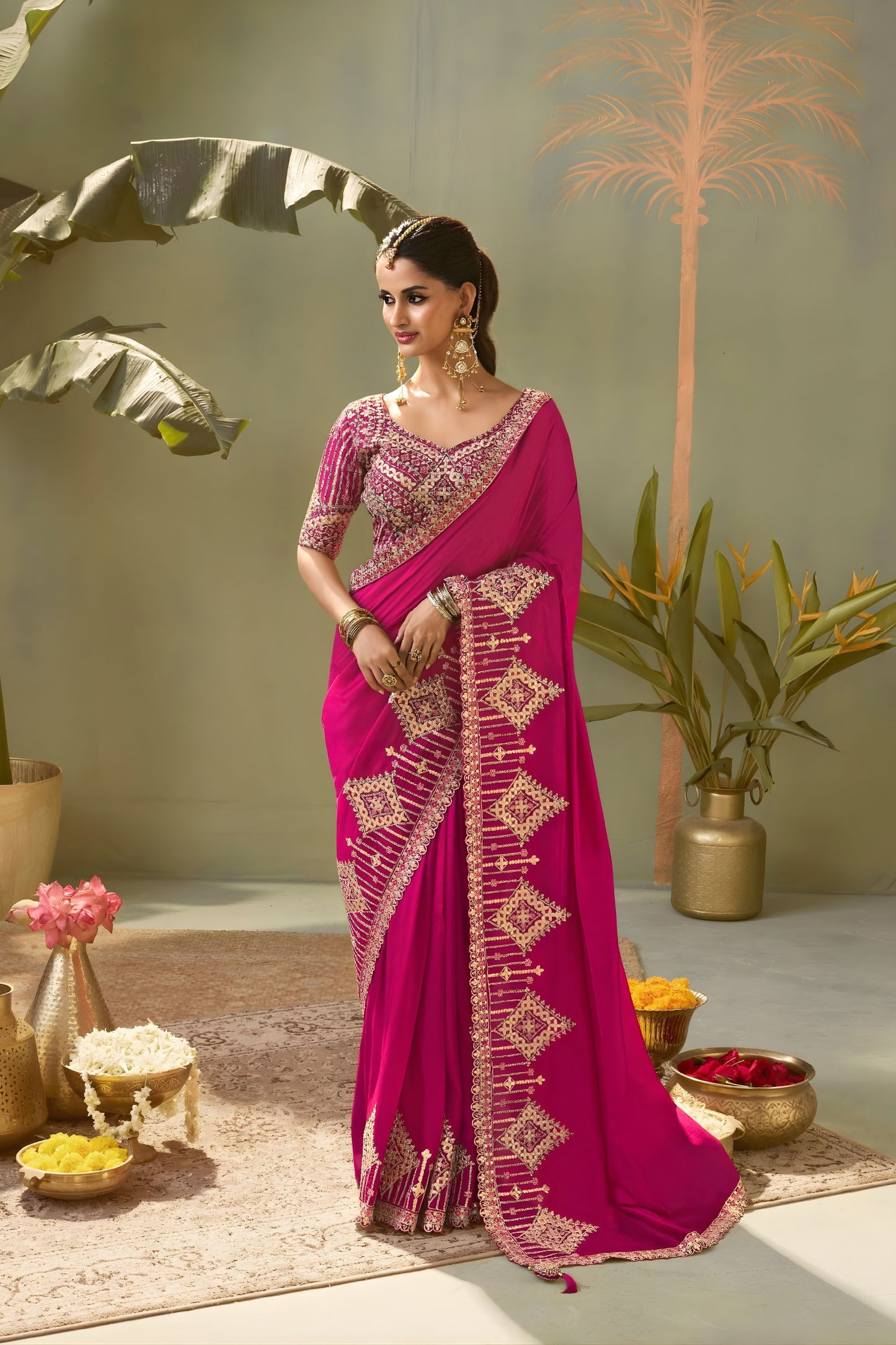 Luxury Rani Pink Bamber Silk Embroidered Saree Blouse for Wedding